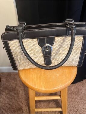 Woven Straw Tote Bag with Black Leather Trim W12” D8”